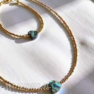 razem taniej komplet z serduszkami muszla paua, hematyt złoty, delikatna