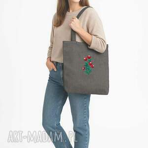 🌷 torba na zakupy haftowane tulipany z różowymi serduszkami - bawełniana, szara