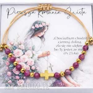 bransoletka różaniec rubin hematyt ręcznie robiona, prezent na komunię św