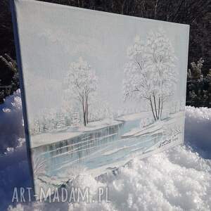 obraz ręcznie malowany akrylowy śnieżna cisza - 30x40cm, śnieg w parku, pejzaż