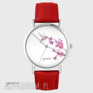 ręcznie robione zegarki zegarek - koliber czerwony, skórzany