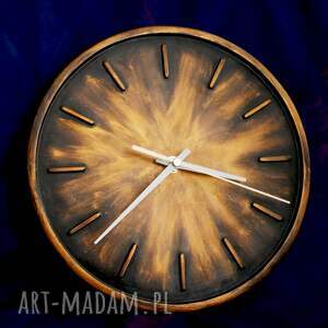 handmade zegary zegar złoty ognisty metaliczny, cichy, płynny mechanizm, 24 cm, rzeźba