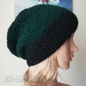 czarno-zielona czapka, rękodzieło, zima, bezszwowa, styl, prezent