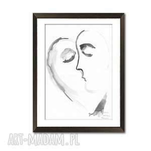 ręcznie malowana tuszem grafika pocałunek 19, A3, romantyczny minimalizm