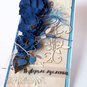 z granatowymi kwiatami, kartka, scrapbooking życzenia