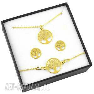 pozłacany komplet ażurowe drzewo życia 3 elem, kolczyki drzewa