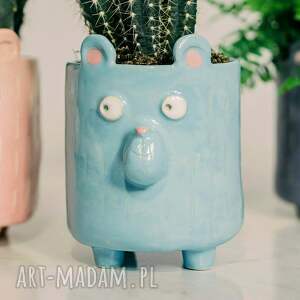 miętowa doniczka ceramiczna niedźwiedź - polskie rękodzieło na prezent