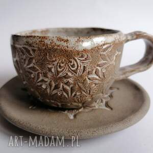 komplet biała mandala ceramika rękodzieło filiżanka z gliny kawy