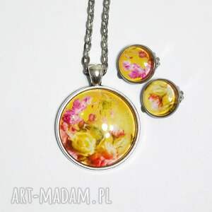 Naszyjnik i klipsy w kwiaty - komplet handmade