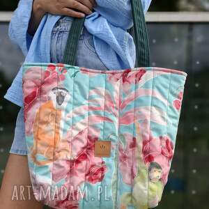 pikowana torba shopper kolorowe małpki, welurowa shopperka, duża na ramię