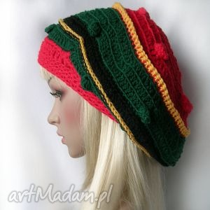 ręcznie robione czapki w kolorach rasta - beret/czapka