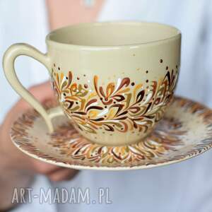 handmade ceramika filiżanka do kawy elegancka beż brąz złoto 220ml