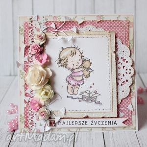 ręcznie wykonane scrapbooking kartki słodkie, różowe życzenia