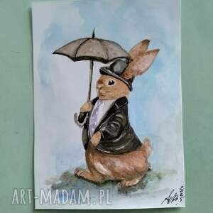 Elegancki królik, wróbel, ilustracja bajkowa, akwarela