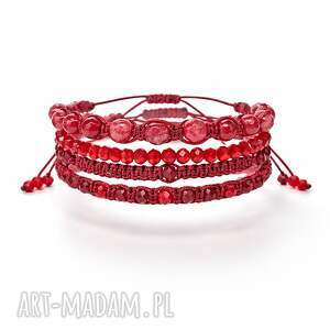 zestaw 4 bransoletek szczęścia - czerwony kwarc i makrama, bransoletki sznurek