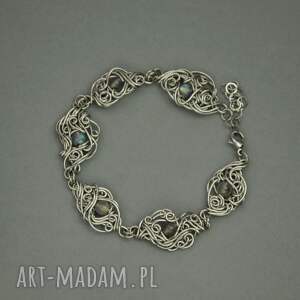 Bransoletka regulowana z kolorowymi labradorytami - wire wrapping, stal chirurgiczna