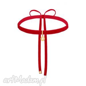 handmade naszyjniki czerwony aksamitny choker ze złotą rozetką