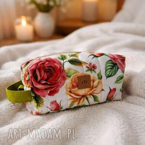 pikowana kosmetyczka xl z weluru w kolorowe róże, kuferek na kosmetyki