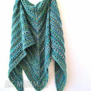 Turkusowa chusta trójkątna z wełny i alpaki - handmade