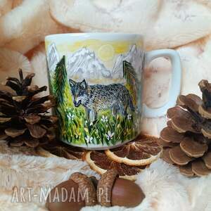 wilcza natura ręcznie malowany kubek 270 ml, malowana porcelana, prezent