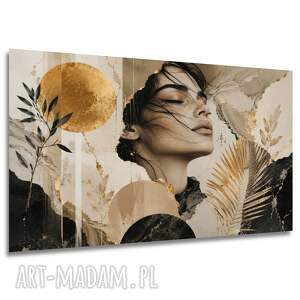 Obraz na płótnie kobieta i liście 120x80 cm - złote akcenty