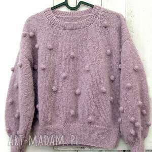 Moherowy sweterek z bombelkami - Jasny Wrzos, wrzosowy sweter