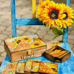 pudełko na herbatę, motyw słoneczników, prezent dla miłośnika sztuki van gogh