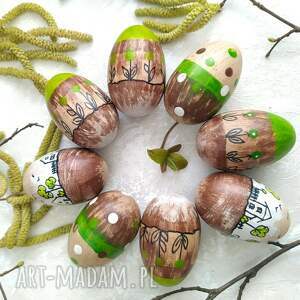 drewniane pisanki ręcznie malowane - 8 sztuk, brązowo zielone jajko z drewna