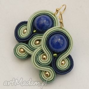 małe kolczyki sutasz z jadeitami, soutache sznurek, komplet, zielone, granatowe