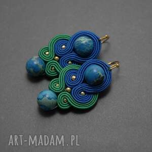 kolorowe kolczyki sutasz z jaspisami lazurowymi, sznurek, eleganckie