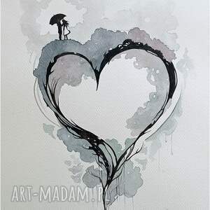 serca w chmurach, akwarela A3 postacie dziewczyna, postać miłość, zakochani