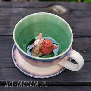rezerwacja - filiżanka do herbaty z figurką ślimaka kawy zielony beż