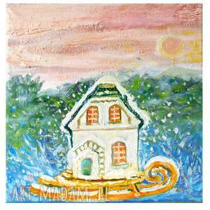 żółte sanki, dom z sankami, domek, pejzaż ela goszczycka, ilustracja