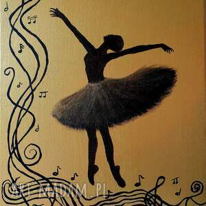 obraz akrylowy z baletnicą złoto - czarny taniec, tiul, nuty, salon