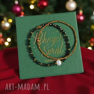 kaktusia świąteczny zestaw bransoletek ciemna zieleń, złoto, perła szmaragd