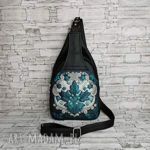 handmade plecak dwukomorowy na jedno ramię - ornament turkusowy