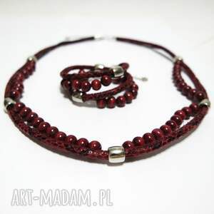 komplet - wiśniowy drewniane korale, bordo, naszyjnik, bransoletka niej