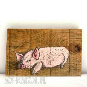 śpiąca świnka obraz na desce świnia prosiaczek, szczęście, prezent