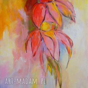 obraz na płótnie - kwiaty abstrakcja 30/40 cm, róż, zieleń czerwień
