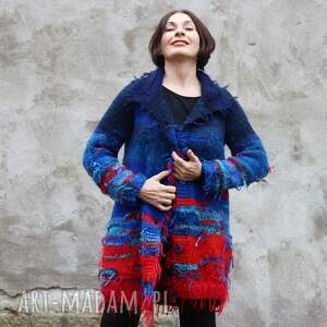 handmade swetry unikatowy sweter płaszcz kudłacz niebiesko czerwony