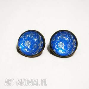 klipsy - kafelki, duży kwiat duże, brąz szklane, marokańskie niej