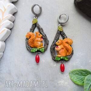 Kolczyki z koralem, wiewiórka, las, natura, koral