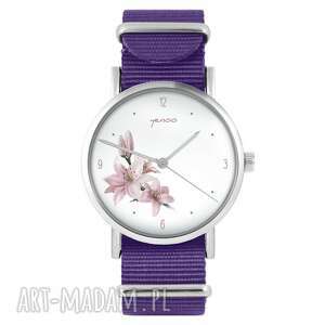 zegarek - lilia fioletowy, nylonowy, typ militarny, kwiat prezent zegarki