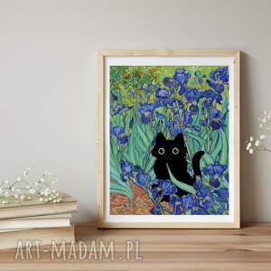 annsayuri art plakat czarny kot w irysach van gogha 40x50 - śmieszny