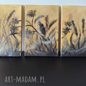 Tryptyk 3 obrazy 30x60 Poranny Śpiew ptak wschód słońca łąka mgła