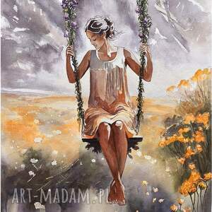 liryczny balans, akwarela A3, postacie kobieta, dziewczyna, postać huśtawka