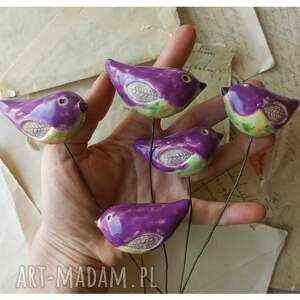 dekoracje ptaszki fioletowe 5 szt ceramika drucik
