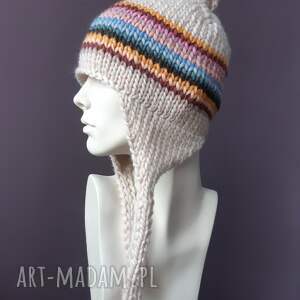 100% WOOL pilotka wełniana czapka wiązana z nausznikami
