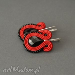 kolczyki sutasz z kocim okiem soutache sznurek, eleganckie, czerwone czarne