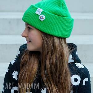 neonowo zielona czapka dziecięca logo kolor, kids beanie rower